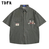 Embroidery Cargo Short Sleeve Shirts Mens Summer Vintage