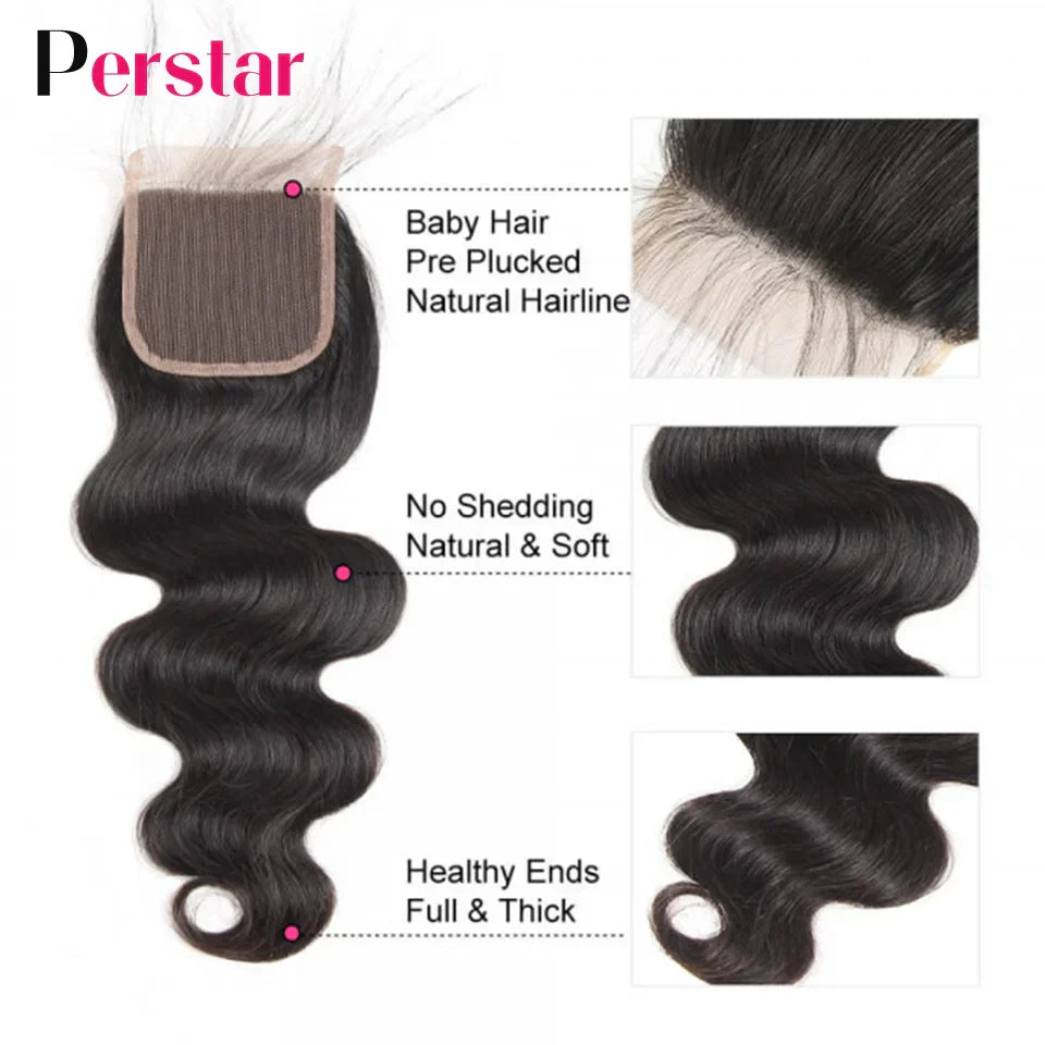 Perstar Human Hair Bundles With Closure Brazilian Body