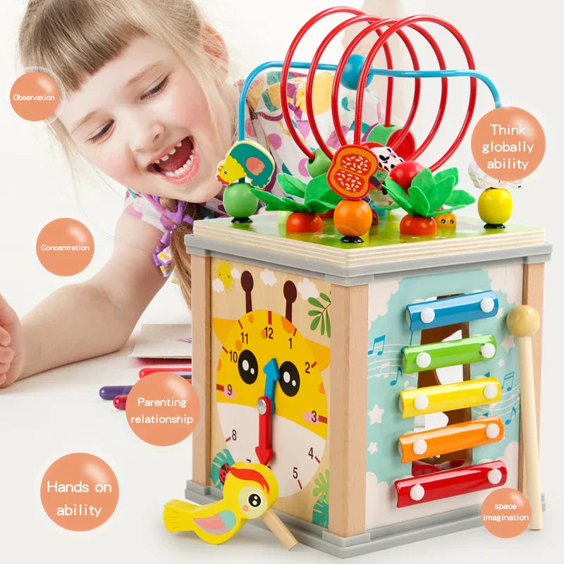 Montessori Wooden Children's Toys Multifunction Beaded Treasure Box