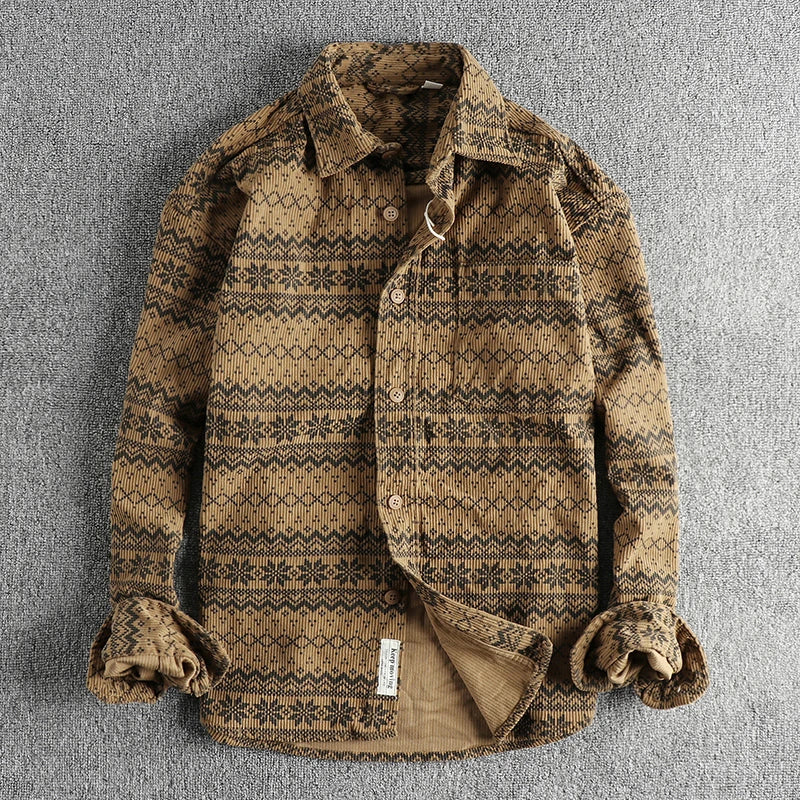 Autumn New American Retro Long-Sleeve Lapel Corduroy Printed