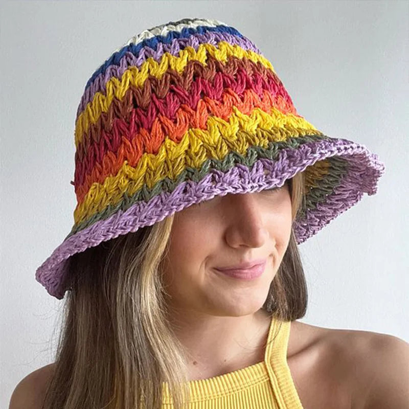 Spring Summer New Rainbow Woven Straw Hat Bucket