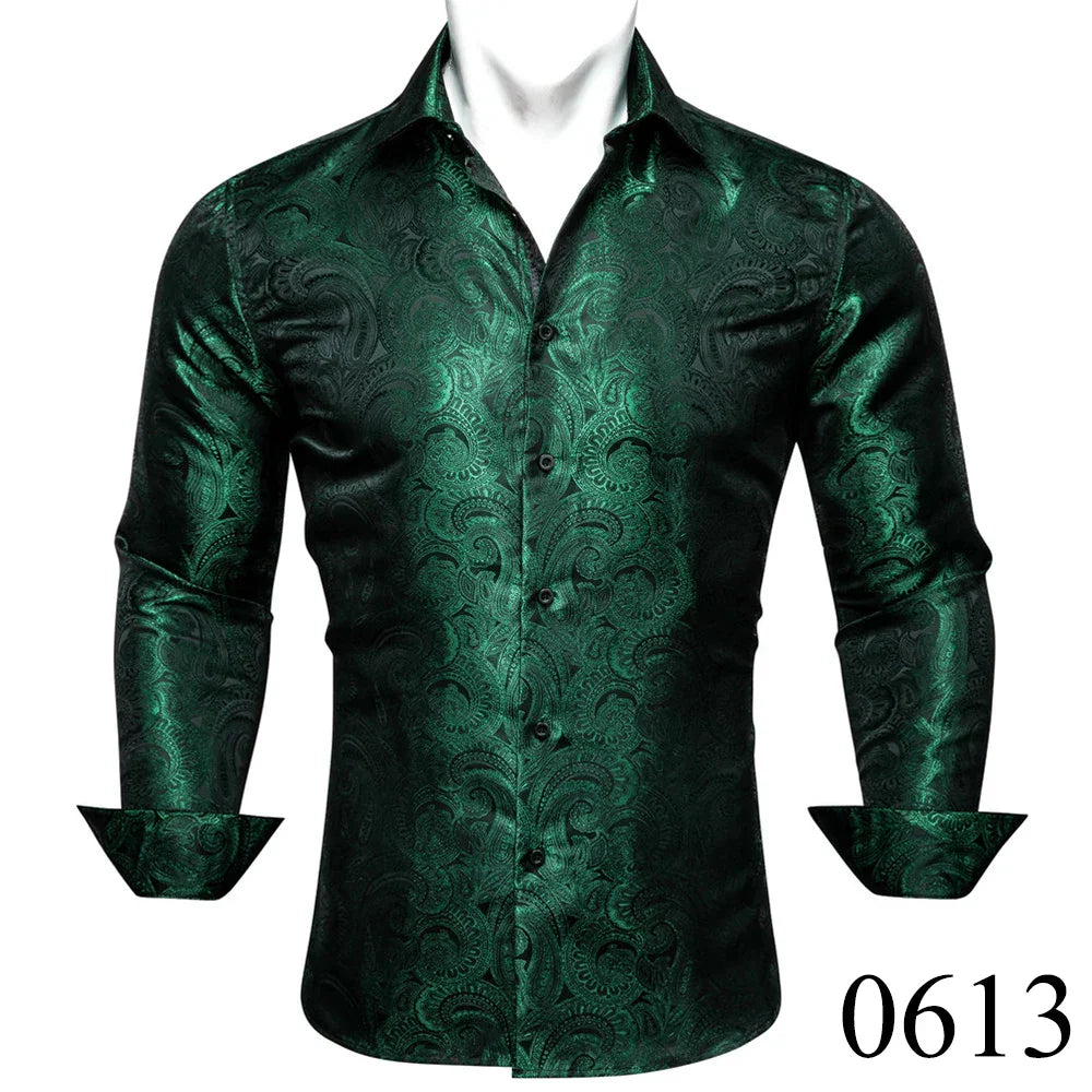 Luxury Silk Shirts for Men Green Paisley Long