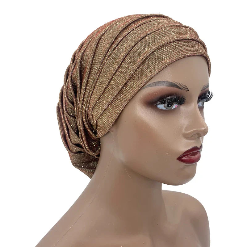 Glitter Pleated African Turban Cap Womens Head Wraps