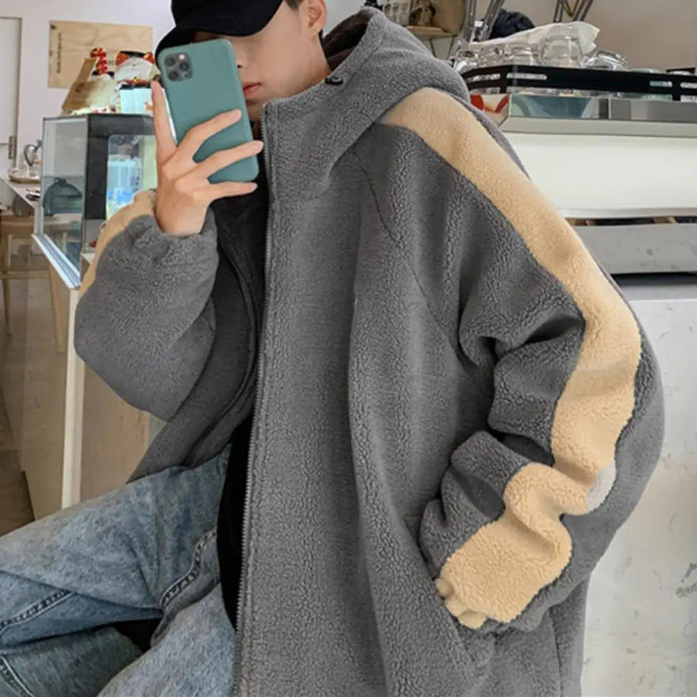 2023 Men Winter Sherpa Jacket Contrast Color Patchwork