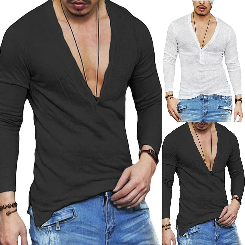 Mens Plain Slim Fitness Long Sleeve T-shirt Deep