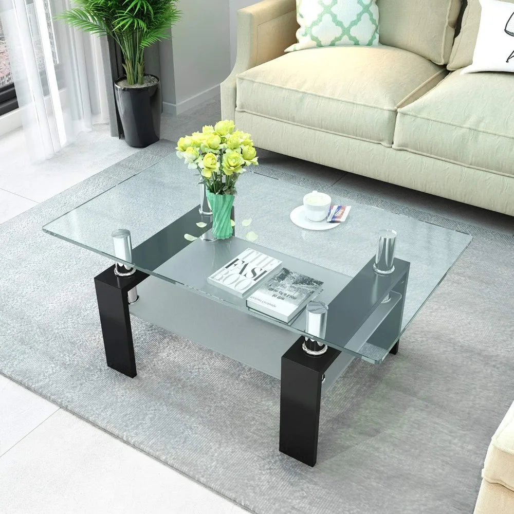 Rectangle Glass Coffee Table-Modern Center Side Coffee Table