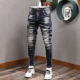 Fashion Streetwear Men Jeans Retro Black Blue Elastic