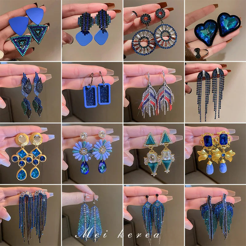 Long Retro Blue Flower Feather Tassel Dangle Earrings