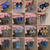 Long Retro Blue Flower Feather Tassel Dangle Earrings