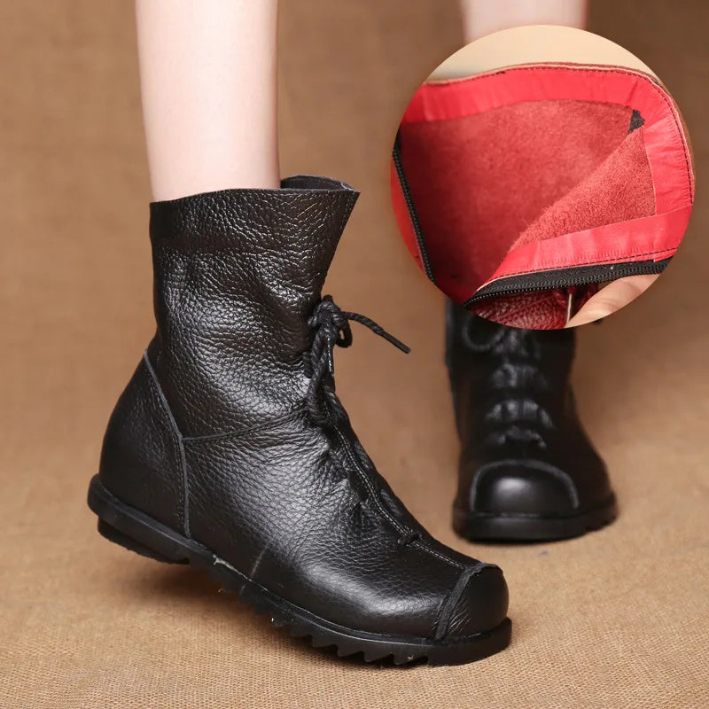 Women Shoes Retro Original Leather Short Boots Warm