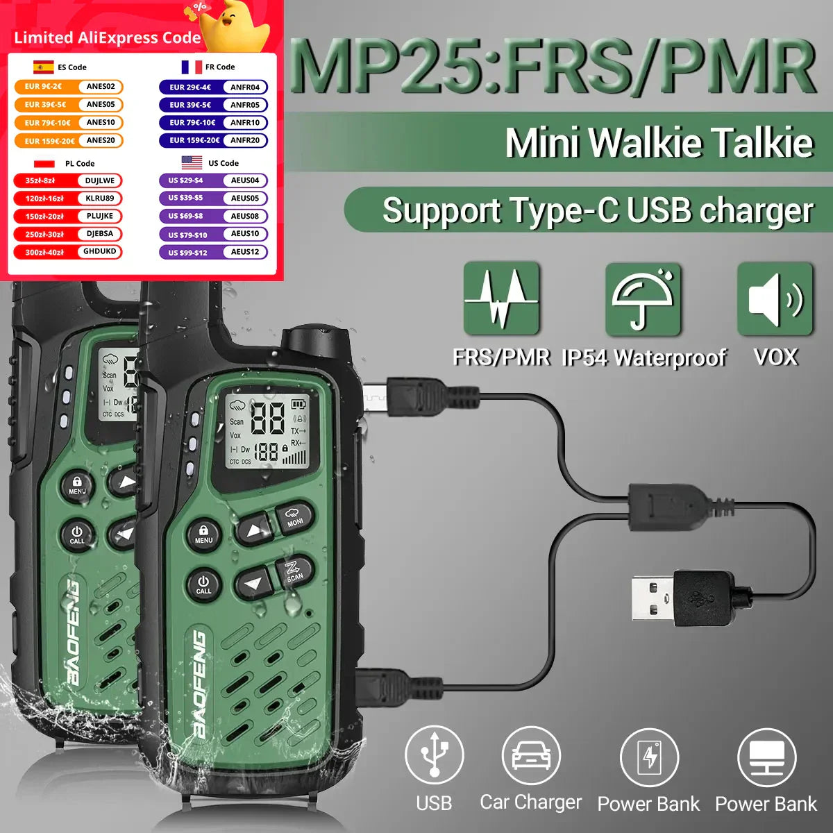 2Pack Baofeng MP25 PMR446/FRS Long Range Rechargeable Type-C