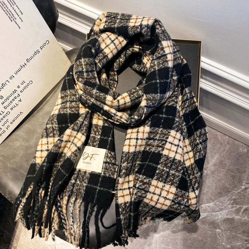 Retro Plaid Cashmere Womens Scarf Winter Thick Warm