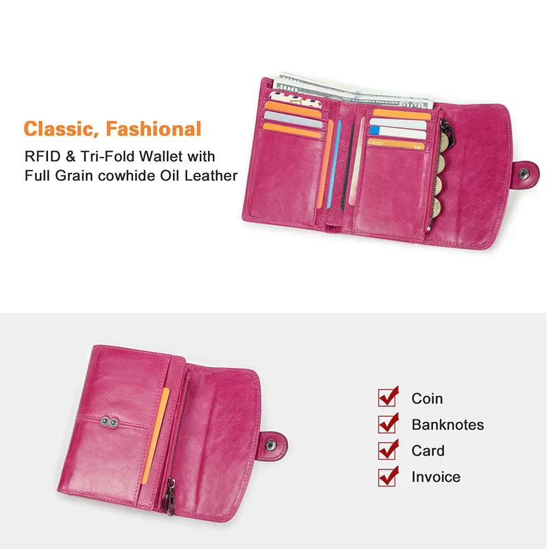 Contact'S Genuine Leather ID Credit Cards Holder Wallets Small Wallet Women Rose Fashion Hasp Trifold Purse with Coin Pocket