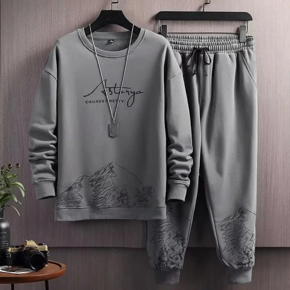 Pockets Jogging Suit Men's Mountain Print Casual Tracksuit