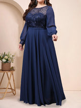 Plus Size Elegant Dress Round Neck Chiffon Mesh