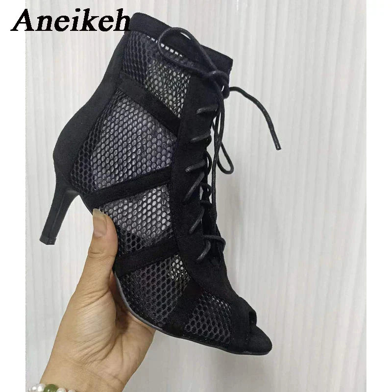 Aneikeh 7CM Middle Heel Dance Hollow Out Ankle