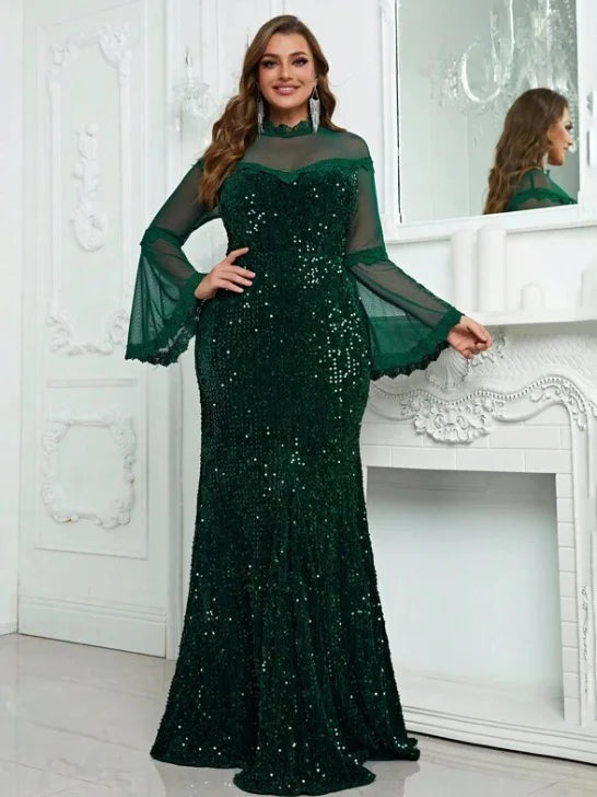 Plus Size Evening Dresses Fashion Women Sequins Mesh