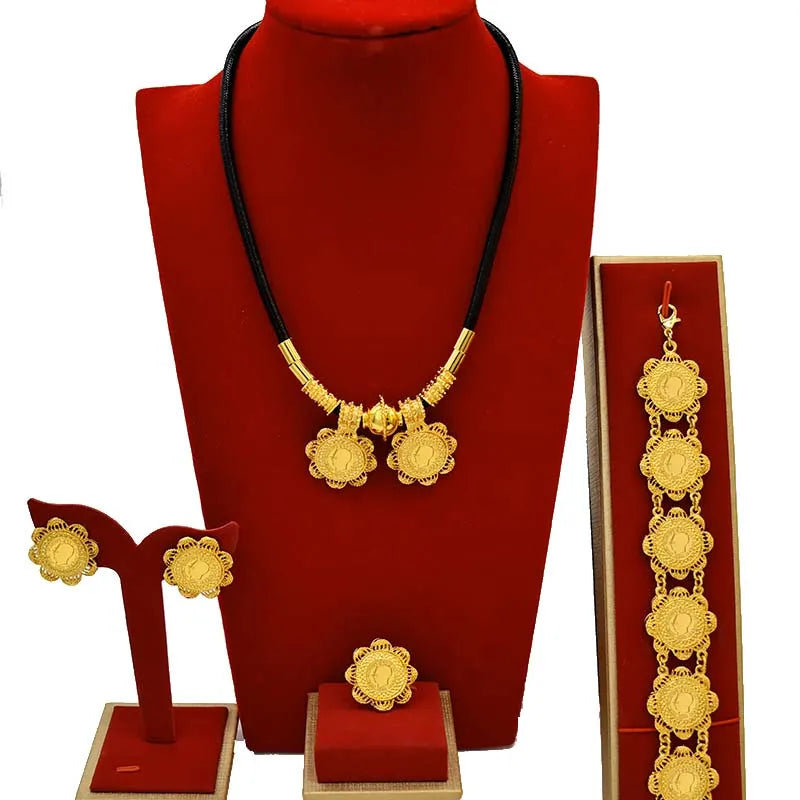 African 24K Gold Color Coins Necklace Bracelet Sets