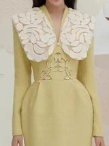 DEAT Elegant Dress Tweed Vneck High Waist Embroidery