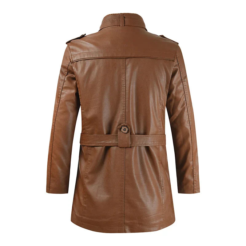 Winter Men's Thick Fleece Leather Jacket Coat Long