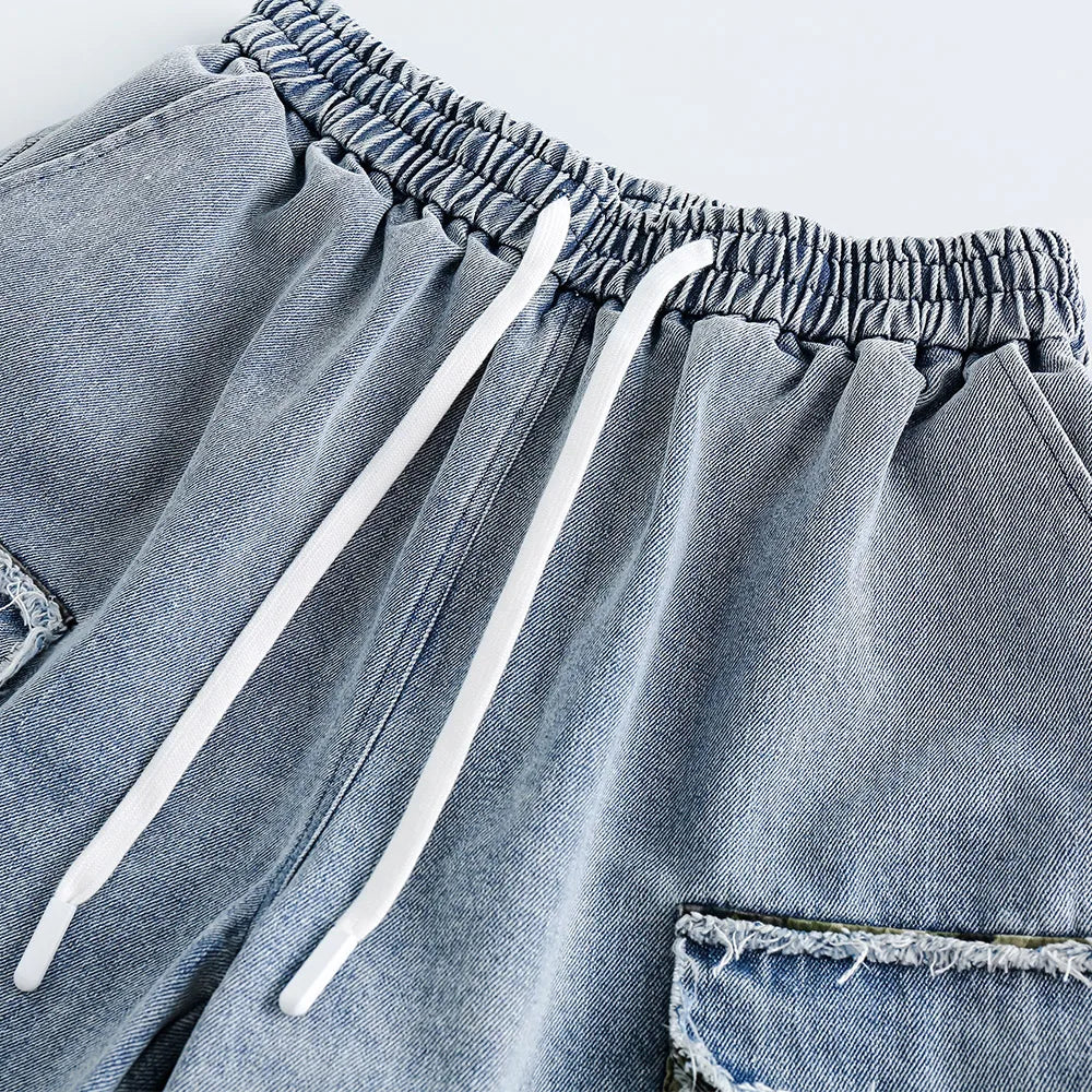 Streetwear Men Denim Shorts Tassel Three-dimensional Pocket Short