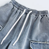 Streetwear Men Denim Shorts Tassel Three-dimensional Pocket Short