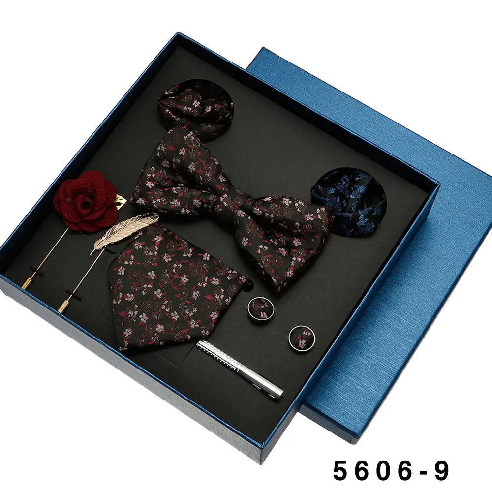 Black Mens Neck Tie Gift Set Bowtie Pocket