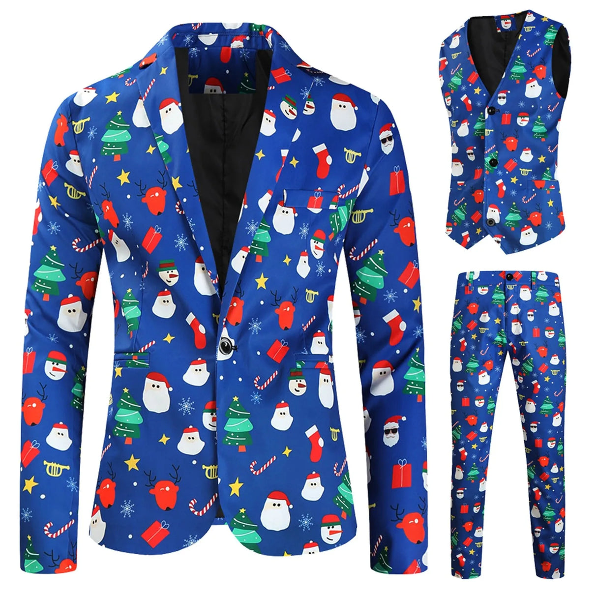 Mens Fashion Casual Suit Printed Christmas Jacket Pants
