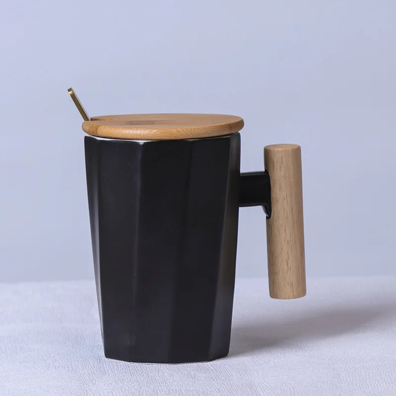 Nordic Wooden Handle Ceramic Porcelain Mug Coffee Cups