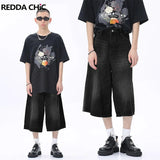 REDDACHIC Hiphop Men Whiskers Denim Shorts Baggy Jorts