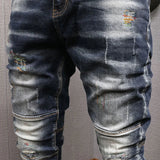 Fashion Streetwear Men Jeans Retro Black Blue Elastic