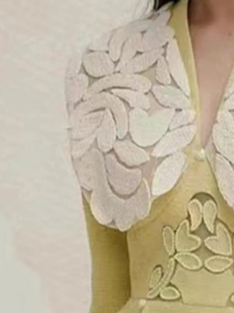 DEAT Elegant Dress Tweed Vneck High Waist Embroidery
