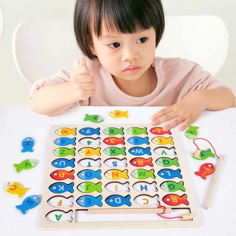 Montessori Baby Wooden Magnetic Fishing Toys Letter Cognition