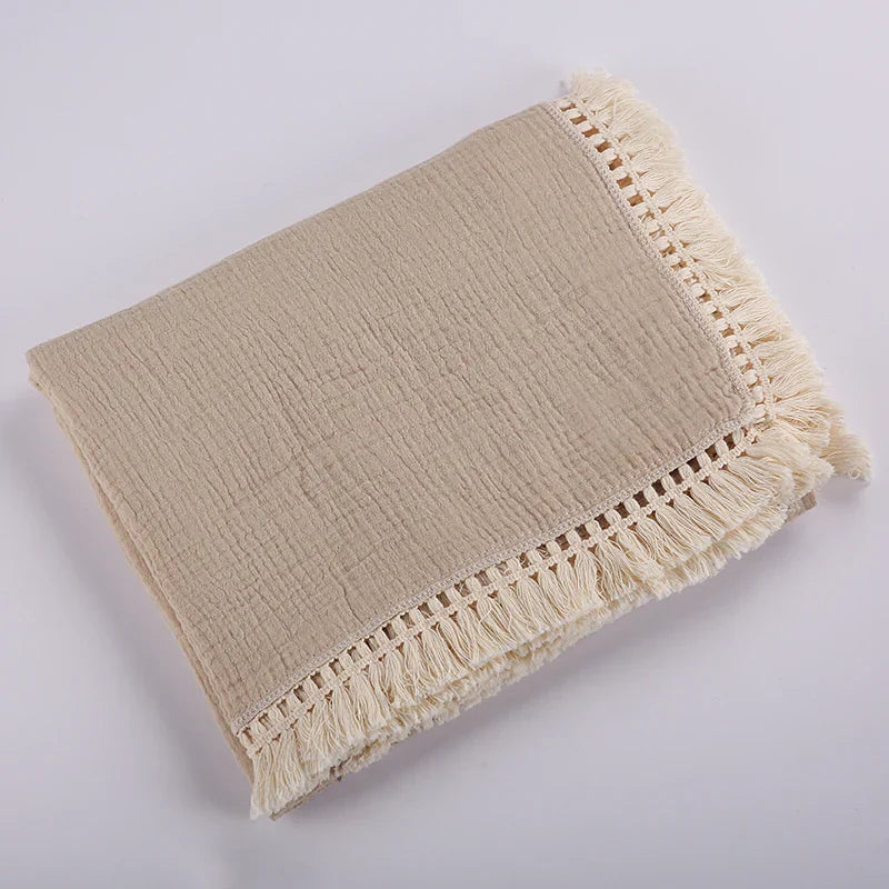 Cotton Muslin Swaddle Blankets Newborn Baby Tassel Receiving