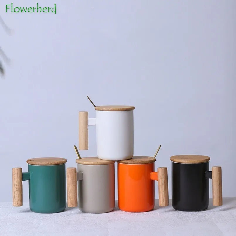 Nordic Wooden Handle Ceramic Porcelain Mug Coffee Cups