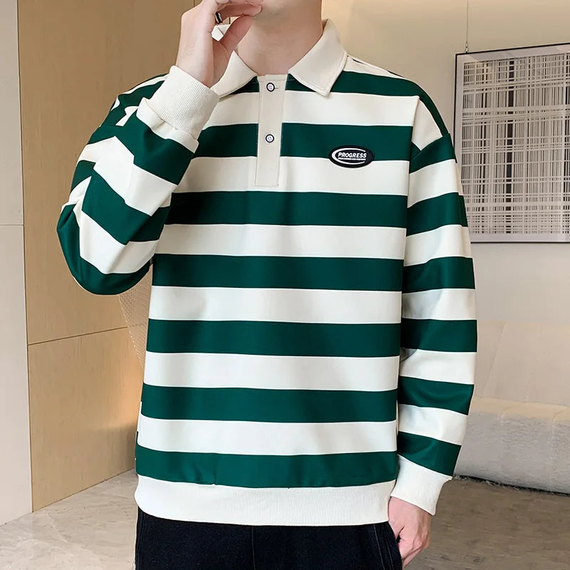 Commute Basic Striped T-shirts Spring Autumn Polo-Neck Button