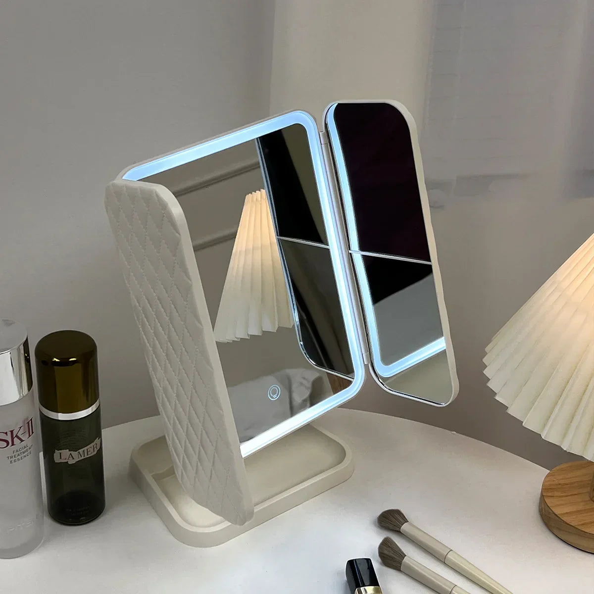 Trifold Makeup Mirror LED Lights Dorm Dressing Mirror