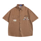 Embroidery Cargo Short Sleeve Shirts Mens Summer Vintage