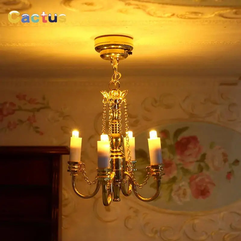 1:12 Dollhouse Miniature LED Ceiling Lamp Gold Chandelier