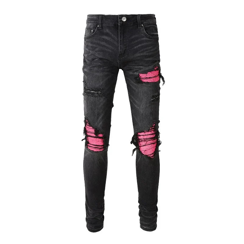 Men Cracked Leather Patch Biker Jeans Streetwear Pleated
