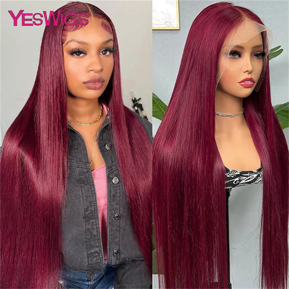 Burgundy 99J Red Colored Bone Straight Lace Front