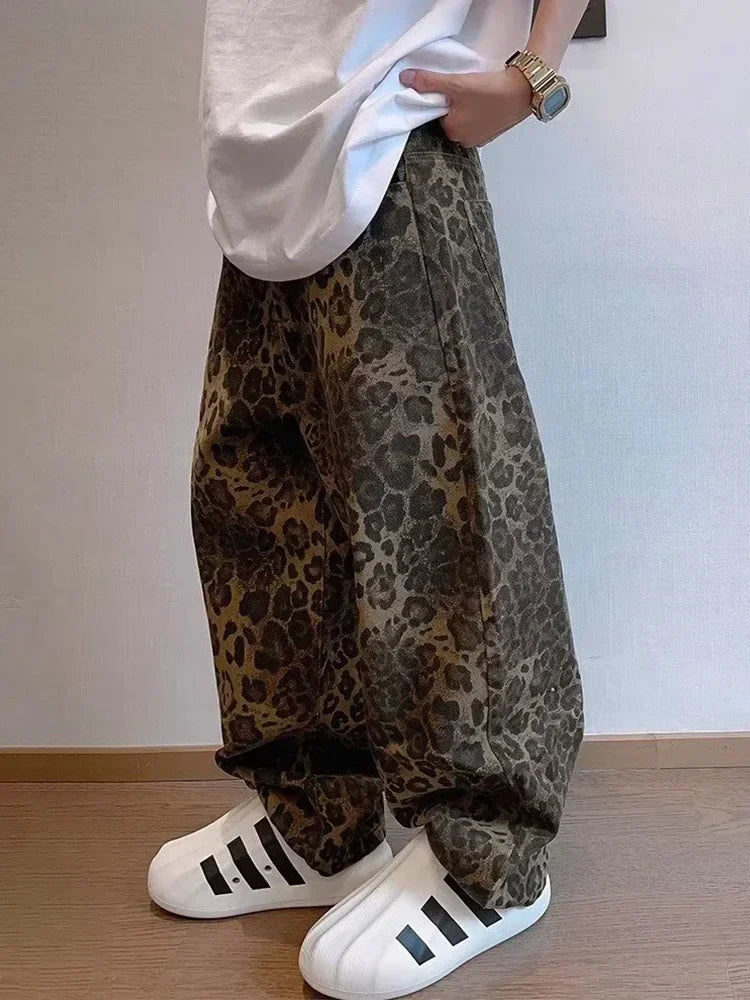 HOUZHOU Tan Leopard Jeans Men Denim Pants Male