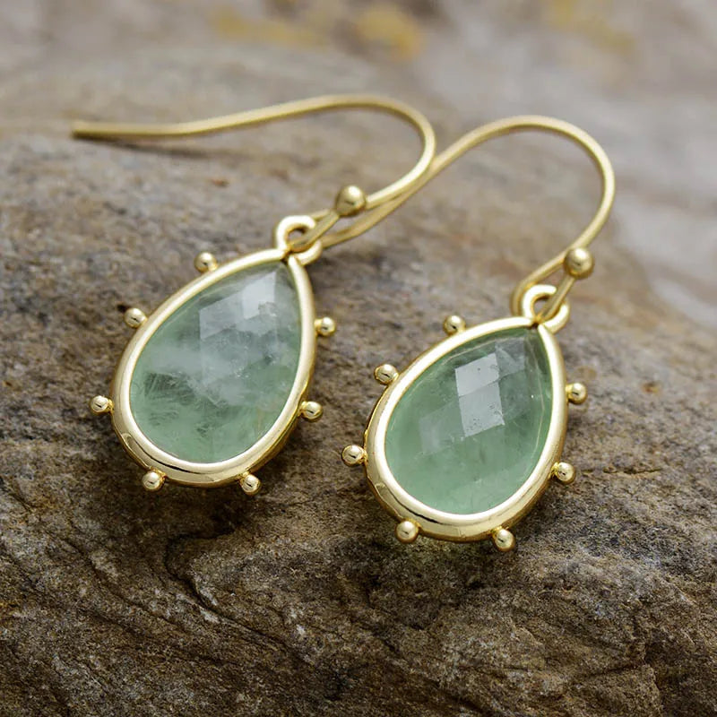 Classic Gold Plated Waterdrop Fluorite Hoop Dangle Huggie