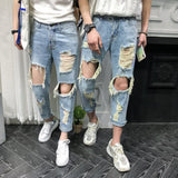 Men Jeans Knee Hole Ripped Stretch Skinny Denim