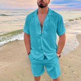 Hawaiian Men's Summer Polo Collar Cotton Linen Two