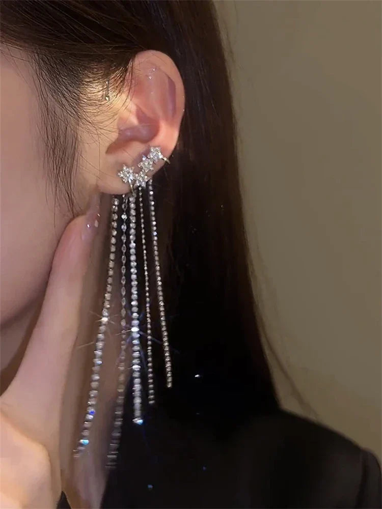 Fashion Sparkling Long Tassel Crystal Stars Ear Clip