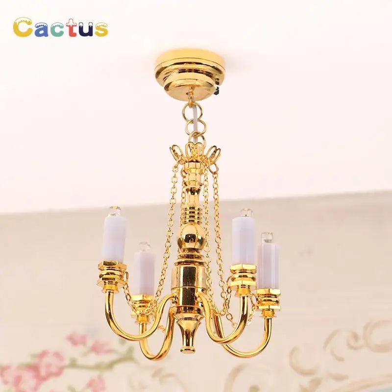 1:12 Dollhouse Miniature LED Ceiling Lamp Gold Chandelier