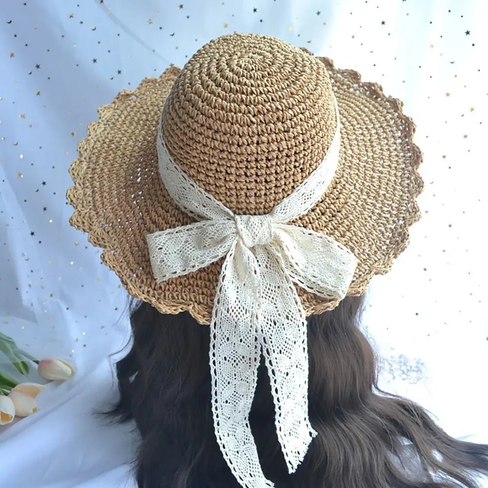 Wide Brim Straw Hat Foldable Big Lace Bow