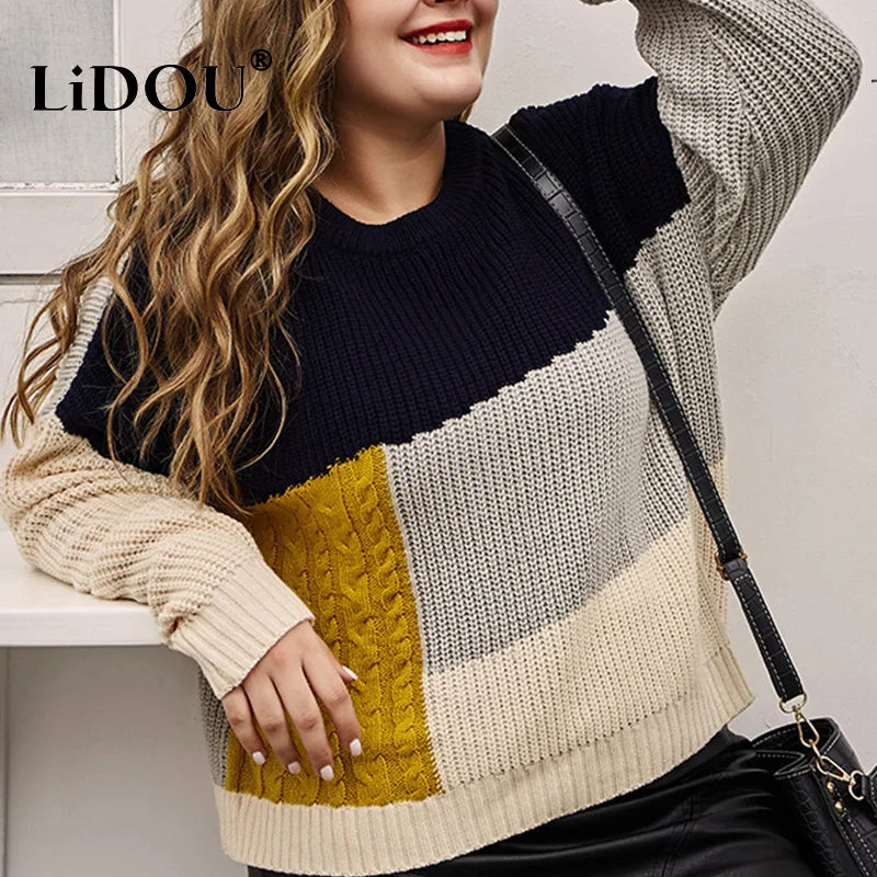 Autumn Winter Plus Size Oversized Patchwork Knitting Sweater