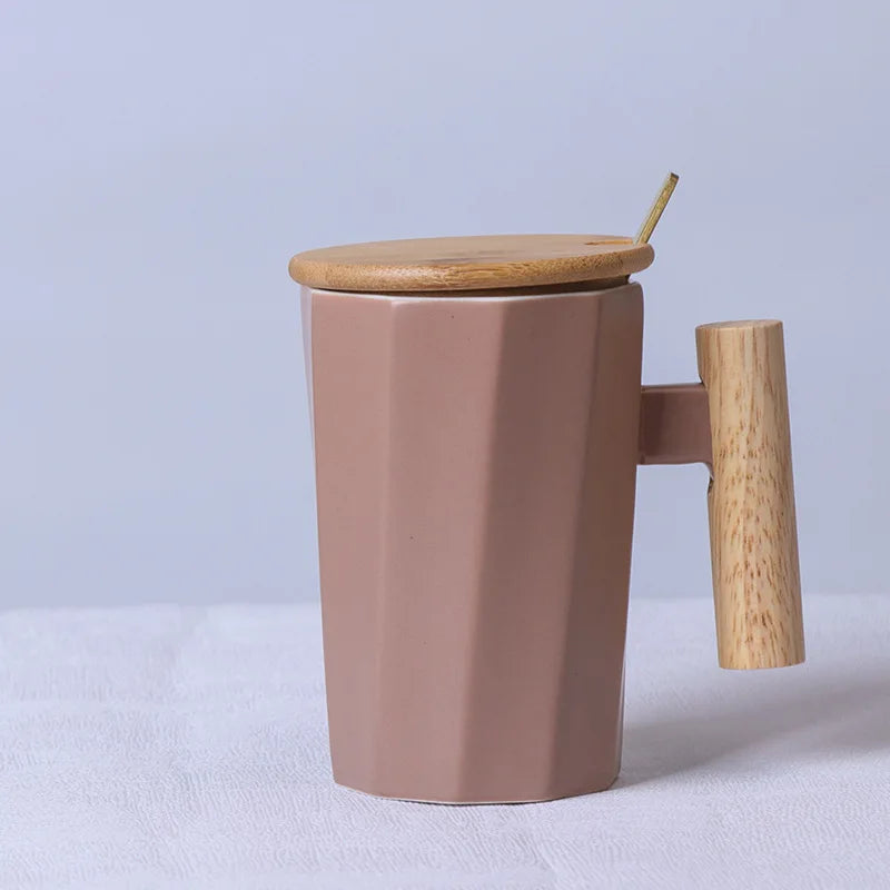Nordic Wooden Handle Ceramic Porcelain Mug Coffee Cups